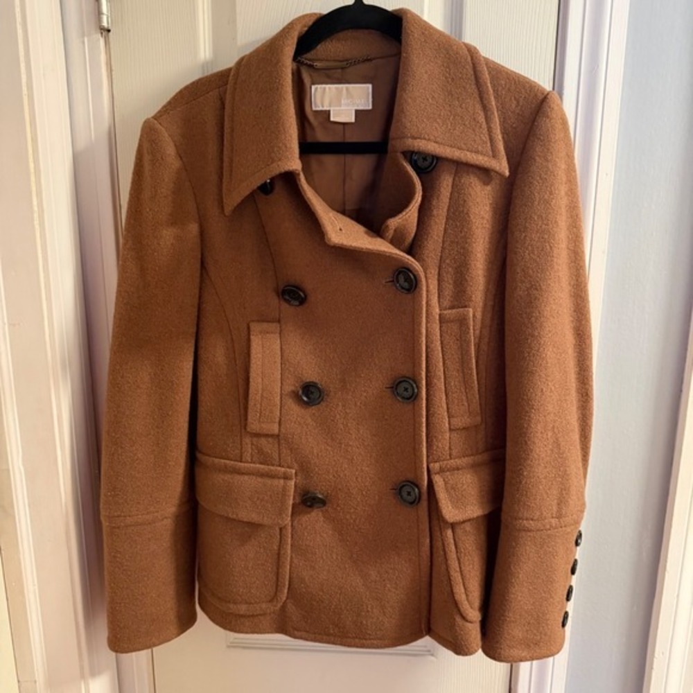 Michael Kors Pea Coat L Camel Brown Wool Blend Double Breasted Jacket